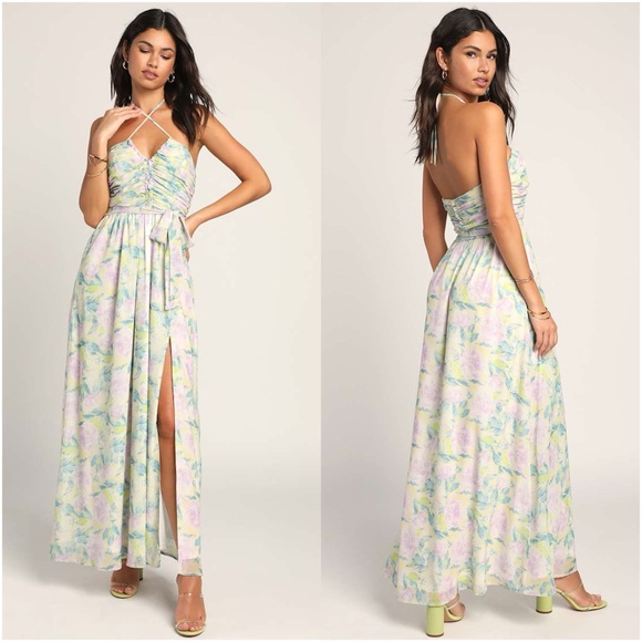 LULU’S Effortlessly Abloom Green Multi Floral Ruched Halter Maxi Dress